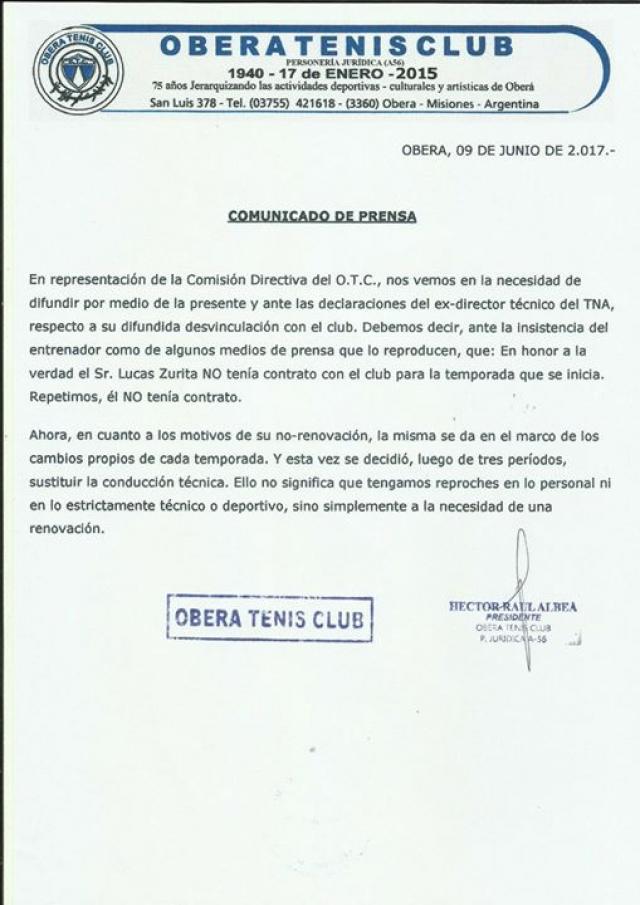 Zurita confirm� que no le renuevan en Obera